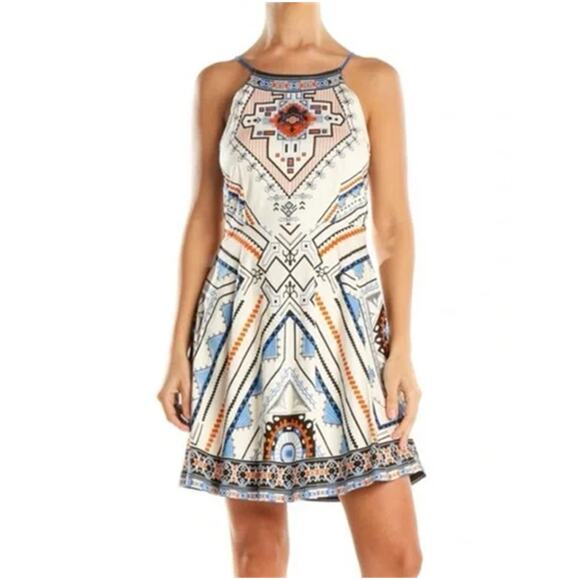 Flying Tomato Dress Womens sz Small Ivory Navy Black Aztec Halter Fit & Flare - Picture 2 of 8
